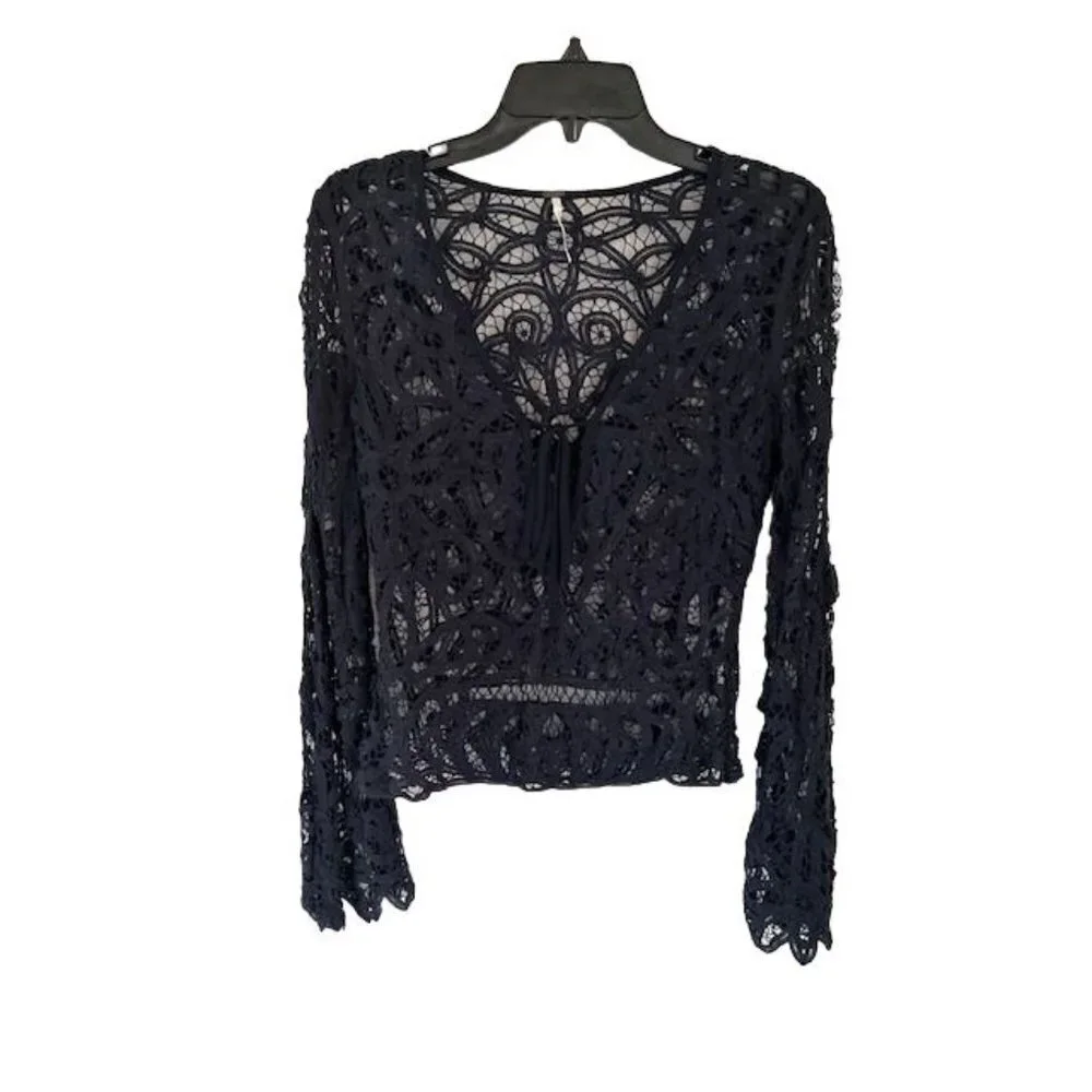 Free People Navy Crochet Lace Blouse Long Sleeves Size XSmall/P